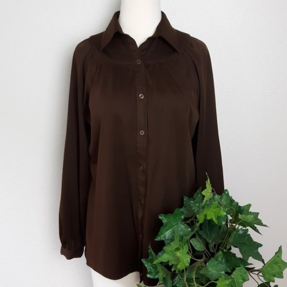 Puccini Tops - Vintage Puccini Chocolate Brown Long Sleeve Pleated Neckline Button Up Blouse